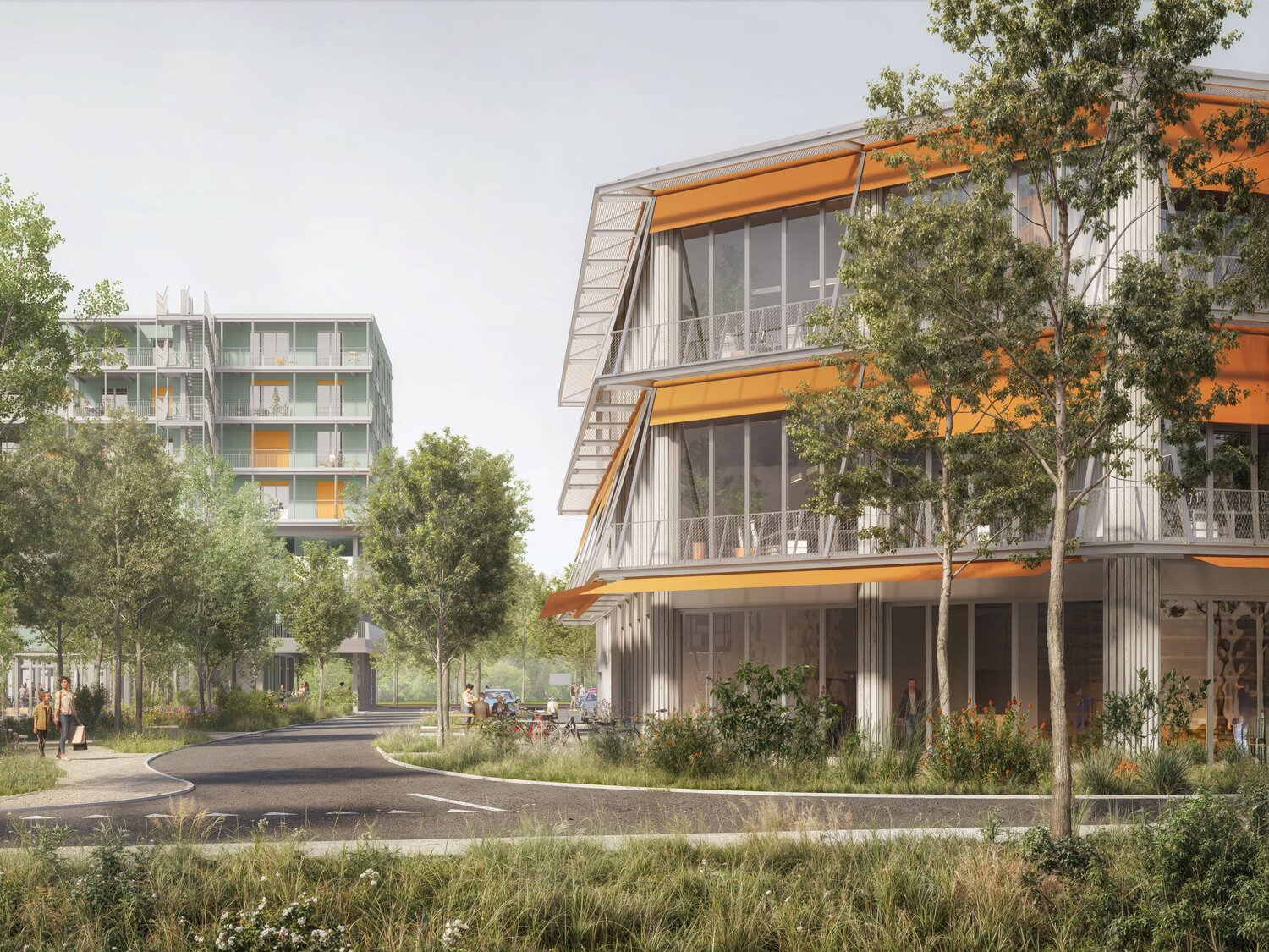 Blick von der Buchgrindelstrasse Richtung Aabach: Rechts der multifunktionale Neubau, links das Wohn- und Gewerbehaus