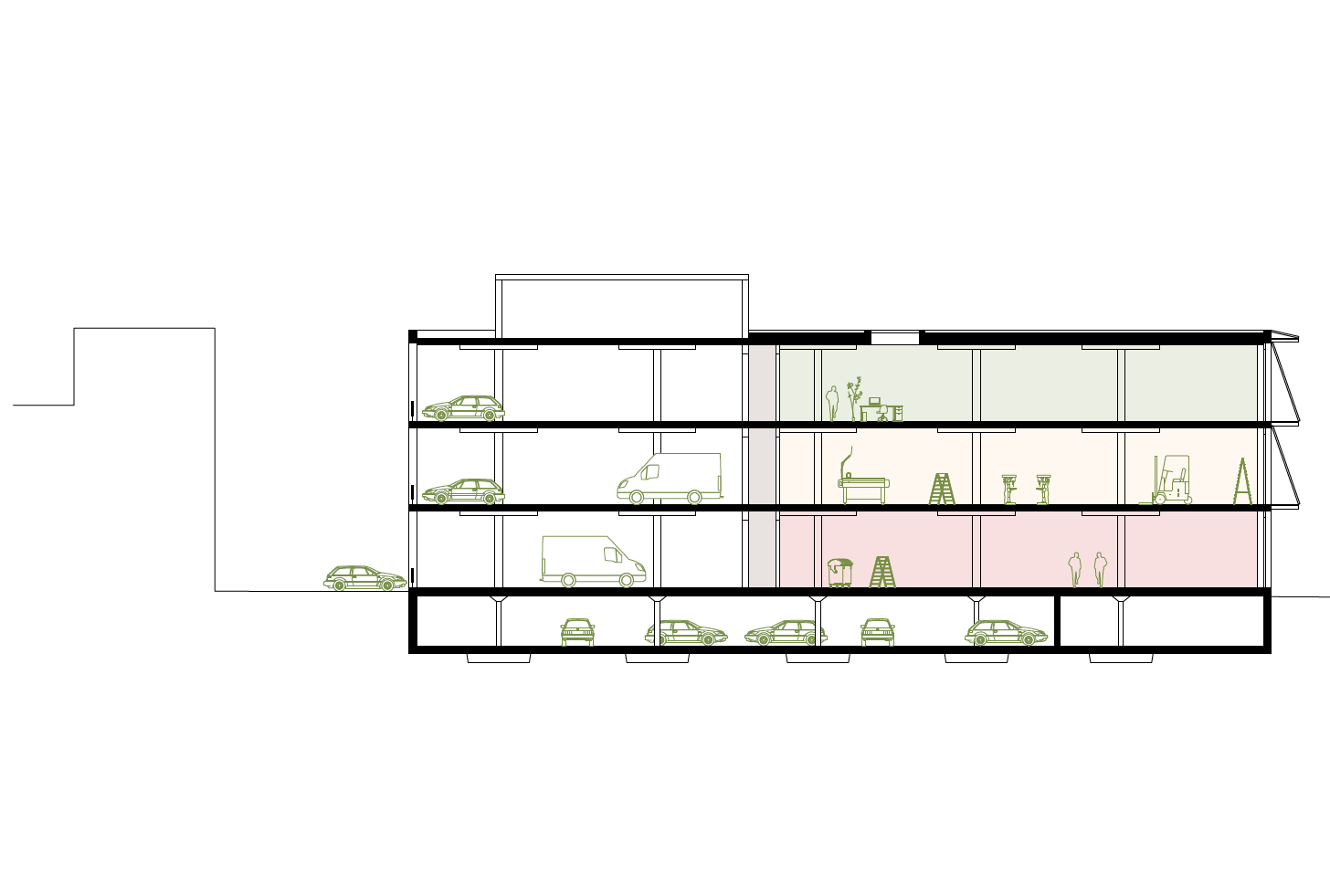 Schnittansicht Gewerbe- und Parkhaus